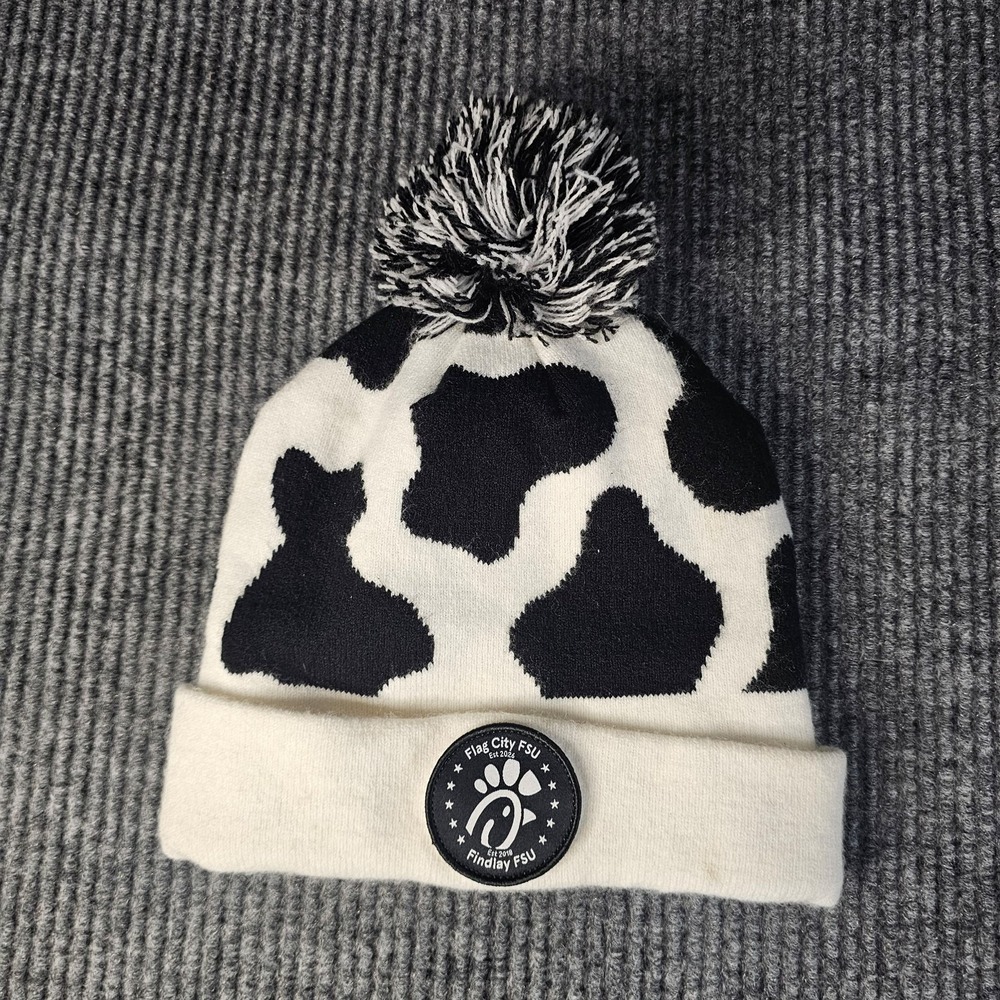 Eat Mor Chikin Hat Beanie Cow Print Pom Knit White One Size Mens